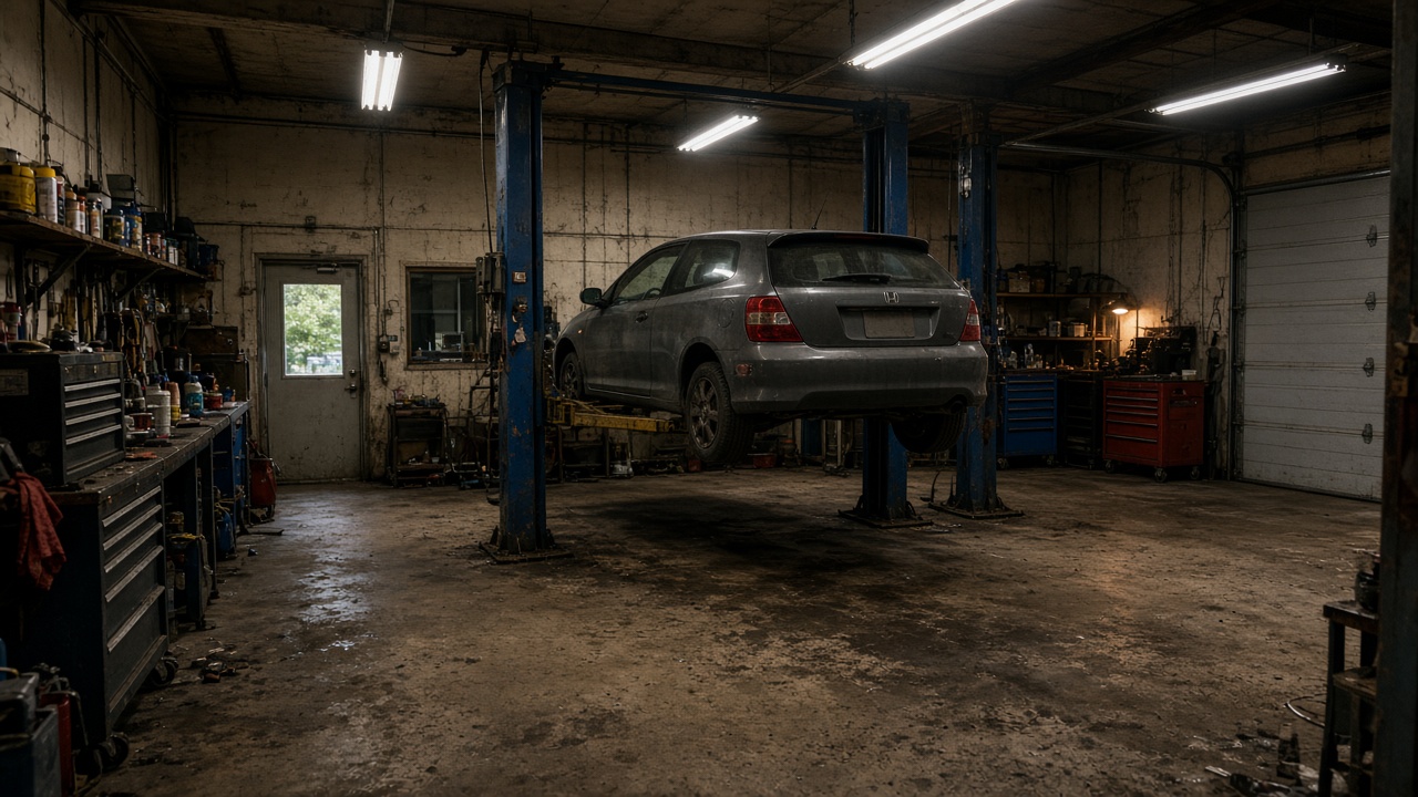 A car on a lift in a working neighborhood garage bay.